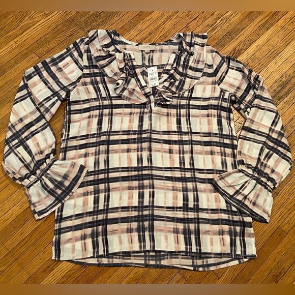 NWT Loft Outlet Petite ruffled white/pink/navy plaid long sleeve blouse - Picture 1 of 3